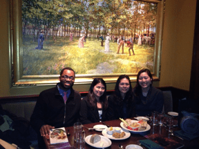 Mentoring Chair Aaron Jenkins (left), mentor Maya Song (right), and the recent graduates enjoy a celebratory dinner at Clyde’s in Gallery Place.
