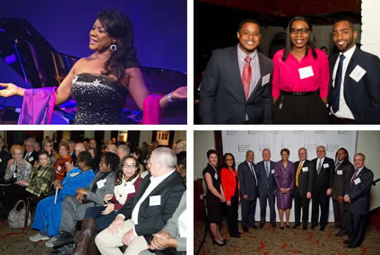 Clockwise - World renowned mezzo-soprano Denyce Graves; 2007 Scholar Michael Yeldell, 2001 Scholar Lynettra Artis, and 2009 Scholar Nico Hinkle; Justice Ruth Bader Ginsburg and Fred Abramson's sister, Pearl Chisolm, and family; and, 9 out of 10 of the Foundation's board presidents